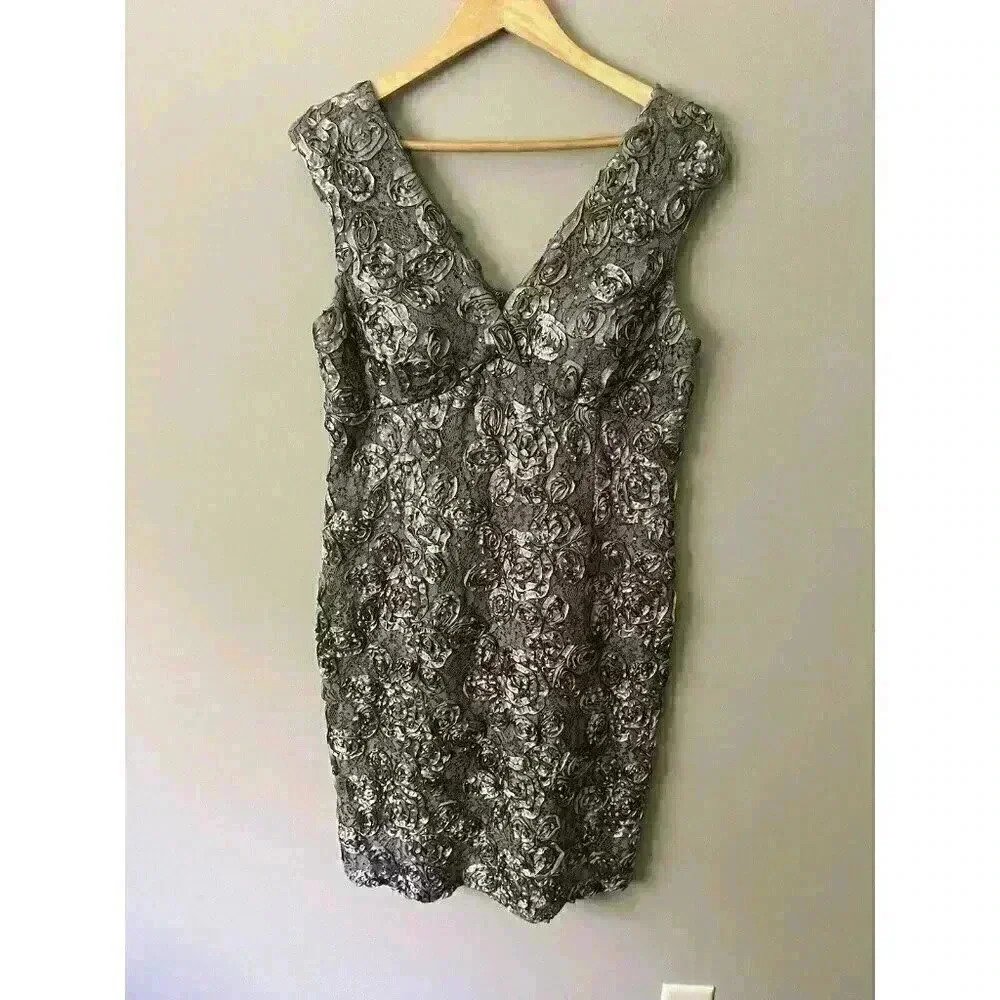 Marina Silver Gray Ribbon Rose Dress Sequin Gown Size 12